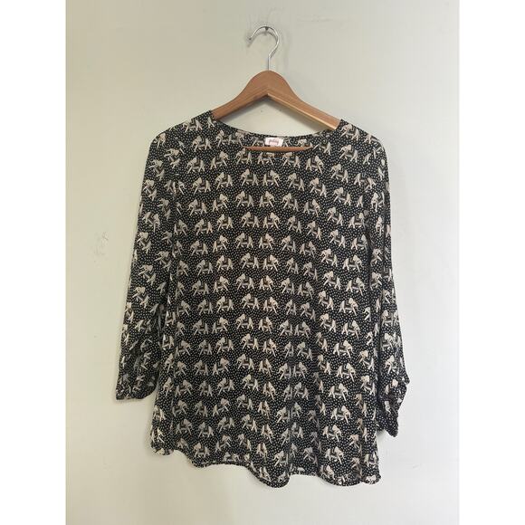 Pixley Black Cream Blouse Elephant Novelty Print Boho Circus Bohemian Large - Picture 1 of 4